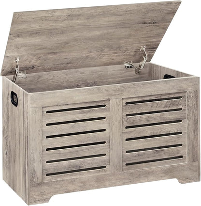 DINZI LVJ Storage Chest, Wooden Toy Box Organizer with 2 Safety Hinges, Flip-top Entryway Shoe Bench, Good Ventilation, Retro Storage Bench for Living Room, Bedroom, Easy Assembly, Greige