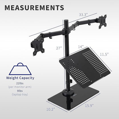 VIVO Freestanding Dual Computer Monitor and Laptop Combo Desk Stand with Glass Base, Fits up to 32 inch Monitors and 17 inch Laptops, Black, STAND-V003FGL