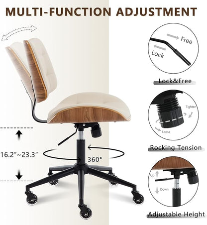 Home Office Desk Chair with Wheels, Adjustable Height Armless Office Chair, PU Leather Mid Back 360° Small Computer Chair, Modern Walnut Chair No Arms for Office, Reading Meeting Room(Beige)