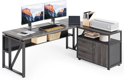 LITTLE TREE 63-Inch Office Desk with 31.5-Inch Lateral File Cabinet, Study Writing Desk Computer Desk for Home Office