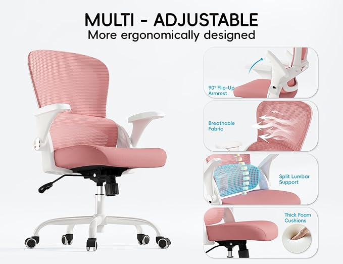 TRALT Office Chair - Ergonomic Office Chair with Back Support, Home Office Desk Chairs, Comfy Desk Chair, Computer Chair, 330lbs Wide Seat Big and Tall Office Chairs for Students (Pink)