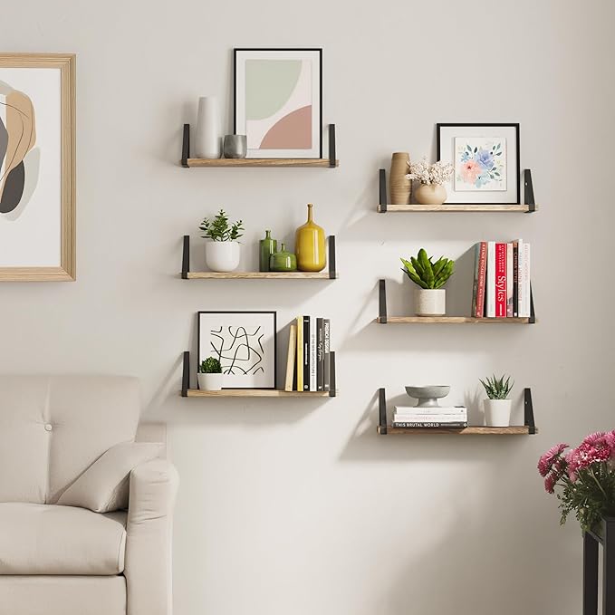 Wallniture Ponza 17'' x 4.5'' Floating Wall Shelf Bathroom, Small Wood Book Shelves for Wall Storage, Wall Mounted Shelf, Dining Room, Bedroom, Living Room, Office & Kitchen Organization, Burnt, 10pcs