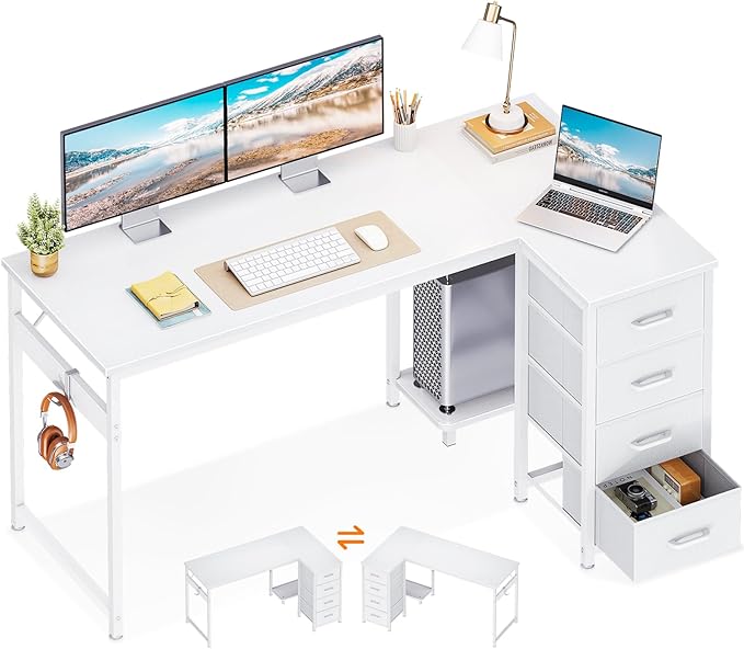 Casaottima L Shaped Desk with 4 Drawers, 47" White Computer Desk with Storage, Reversible Kids Study Table with CPU Stand & Hook, Corner Work Table for Home Office