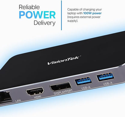 VisionTek VT400 Portable USB-C Dual Monitor Hub - 1x DP, 1x HDMI, 2X USB-A, 1x Ethernet, 1x USB-C for Windows/MacOS/ChromeOS/iOS