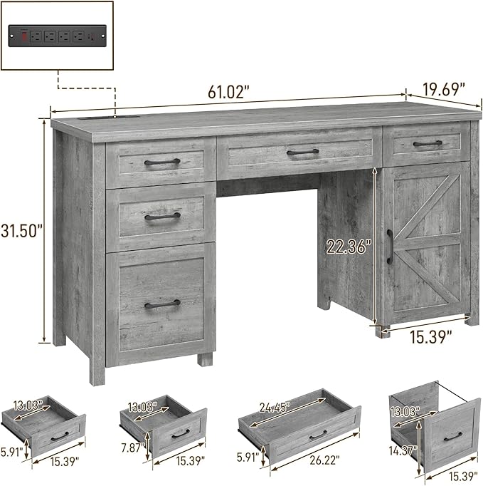 Farmhouse 61'' Executive Desk with 5 Drawers, Rustic Office Desk Computer Desk with Charging Station, File Drawers and Storage Cabinet, Wood Workstation for Study and Home Office,(Grey)