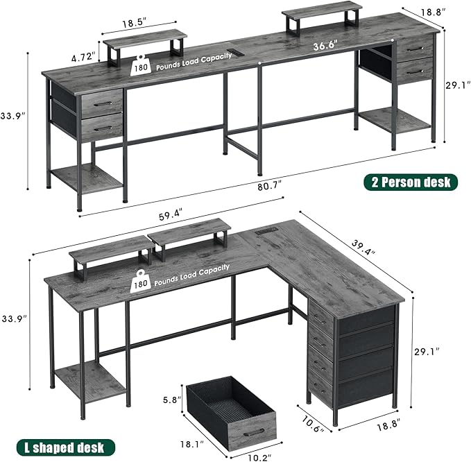 59 inch L Shaped Computer Desk with Power Outlets, Home Office Desk with 4 Adjustable Storage Drawers & 2 Monitor Stands, Two Person Gaming Table for Bedroom, Grey