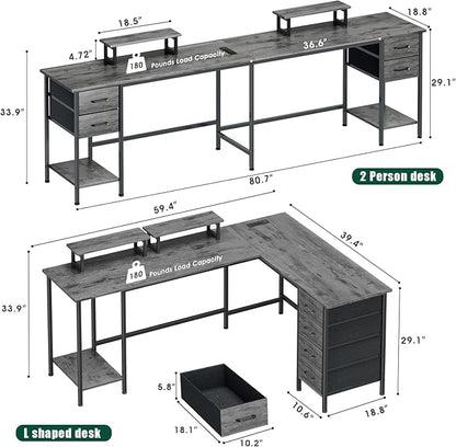 59 inch L Shaped Computer Desk with Power Outlets, Home Office Desk with 4 Adjustable Storage Drawers & 2 Monitor Stands, Two Person Gaming Table for Bedroom, Grey