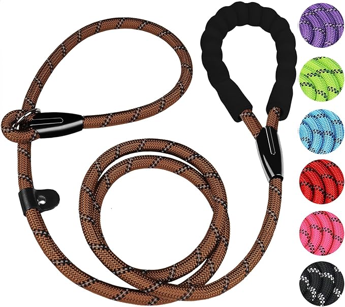 6 FT Heavy Duty Dog Leash, Durable Premium Quality Strong Training Rope Slip Leash with Comfortable Padded Handle and Highly Reflective Threads for Small Medium and Large Dogs, (Brown)