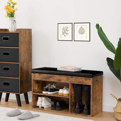 HOOBRO Storage Bench with Cushion, Shoe Bench with Lift Top Storage, Wooden Shoe Cabinet Bench with Hidden Storage, 12.4 x 32.3 x 18.3 Inches, for Entryway, Bedroom, Rustic Brown and Black BF40HX01