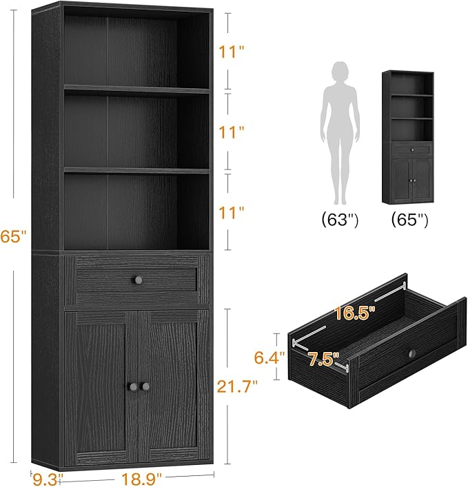 Casaottima Bookshelf and Bookcase with Doors and Drawer, Floor Standing 6-Tier Shelf Display Storage Shelves, Tall Bookcases for Home Office, Living Room, Black