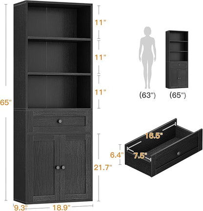 Casaottima Bookshelf and Bookcase with Doors and Drawer, Floor Standing 6-Tier Shelf Display Storage Shelves, Tall Bookcases for Home Office, Living Room, Black