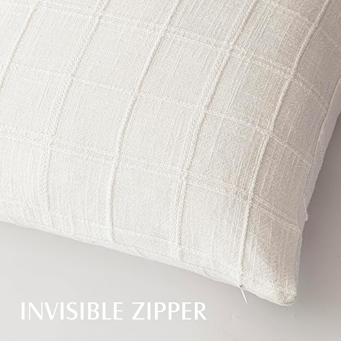Foindtower Set of 2 Decorative Linen Check Throw Pillow Covers Neutral Farmhouse Vintage Cushion Covers Modern Boho Home Decor for Sofa Chair Couch Bedroom Living Room Outdoor,24×24 Inch,Cream White