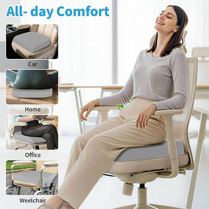 Large Seat Cushion, Memory Foam Cushion for Long Sitting Hours on Office Chair, Home & Car, Non-Slip Chair Pad for Relieving Back & Sciatica & Hip & Coccyx Pain (Light Grey)