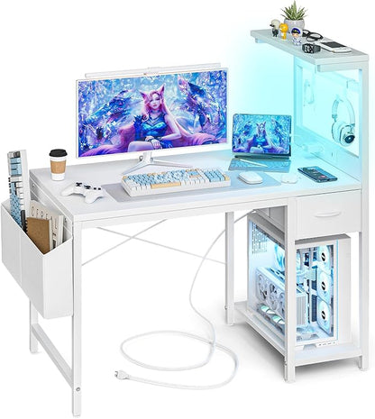 Gaming Desk 47 Inch with Power Outlet and LED Light, Computer Desk with Reversible Shelves and Storage Drawer, Pc Small Desk for Home Office Table with Bag, Carbon Fiber White