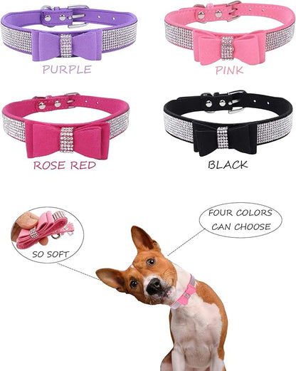 Rhinestone Dog Collar for Small Medium Large Dogs, Adjustable Leather Suede Bling Dog Collars，Diamond Bow Tie Puppy Collars for Boy and Girl.