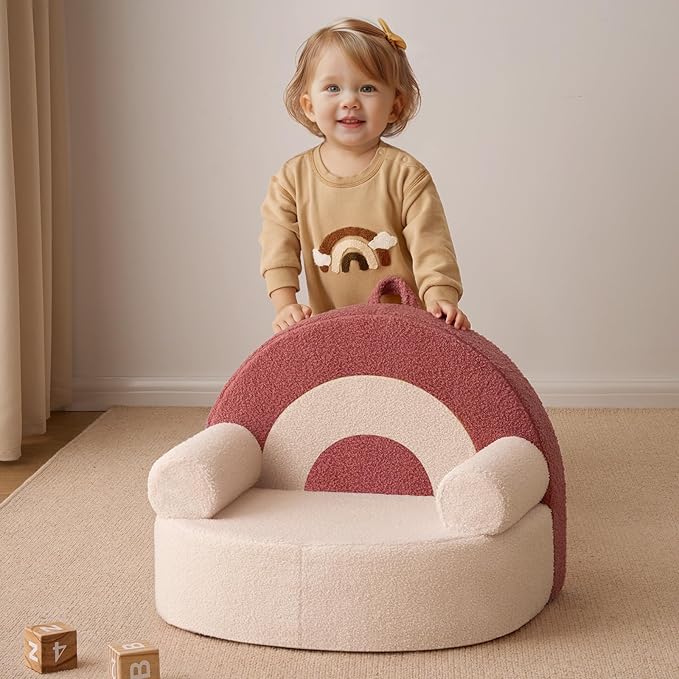 Blissful Diary Toddler Chair Comfy, Foam Kids Chair with Soft Teddy Plush, Toddler Reading Armchair with Cute Arclet Designs- Light Cream