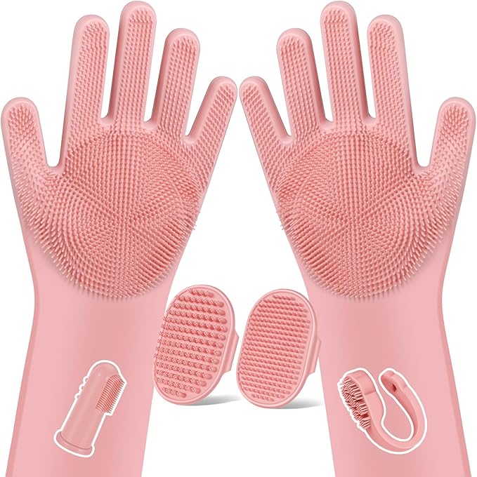 6PCS Pet Grooming Kit for Dogs,Cats and Horses | Dog Washing Gloves | Dog Bath Brush | Dog Bath Gloves | Dog Shampoo Brush | Pet Grooming Gloves | Dog Bath Supplies (Light Pink)