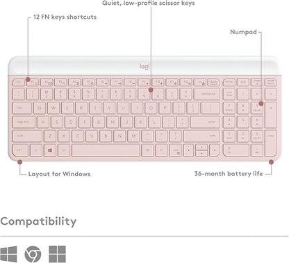 Logitech MK470 Slim Wireless Keyboard and Mouse Combo - Modern Compact Layout, Ultra Quiet, 2.4 GHz USB Receiver, Plug n' Play Connectivity, Compatible with Windows - Rose