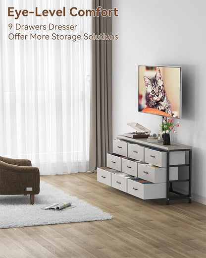 TV Stand with Mount for 32/55/65/75/85 inch TVs, Entertainment Center with 9 Fabric Drawers Dresser Storage, Height Adjustable Media Console