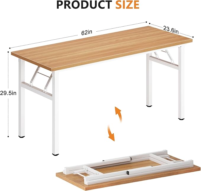 DlandHome Computer Desk 62 inches Office Desk Computer Table Study Writing Desk Workstation for Home Office Metal Frame Teak and White