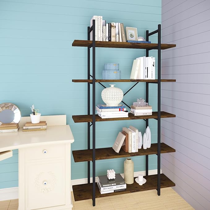 5 Tiers Bookshelf Organizer Industrial Shelf,Modern Open Display Storage Bookcase,Rustic Brown and Metal Bookshelf Standing Storage Shelf Tall Shelving Units for Home Office Study.