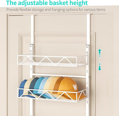 HapiRm Over the Door Hat Organizer - 4 Tier Wall Mounted Hat Rack with 4 Adjustable Metal Basket, Baseball Caps Organizer Storage Holds up to 40 Caps for Door, Bedroom, Closet (White)