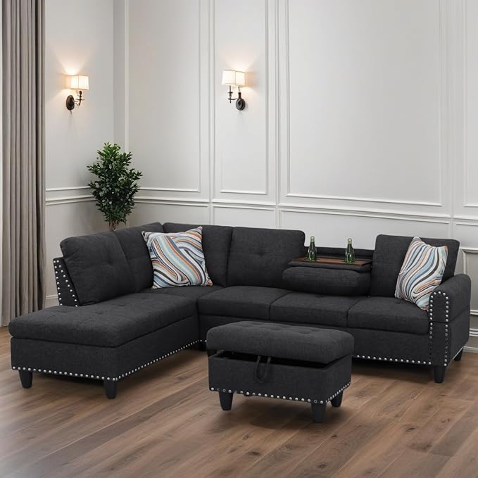L Shaped Sectional Couches for Living Room, Modular 4 Seat Sofa with Ottoman Storage, Modern Couch with Chaise for Bedroom Apartment Furniture, Black