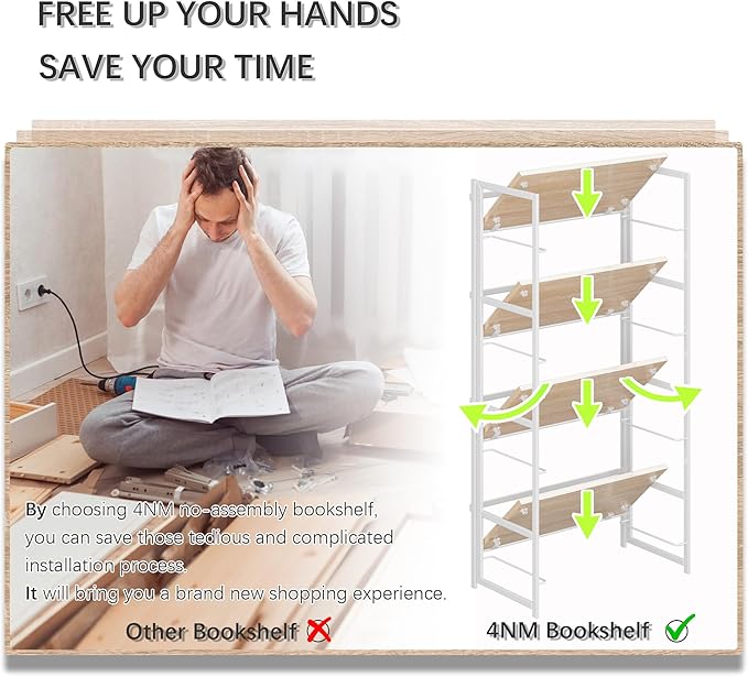 4NM No Assembly 4 Tiers Book Shelves, White Folding Bookshelf Bookcase Open Industrial Foldable Shelves for Bedroom, Living Room, Home Office - Natural White