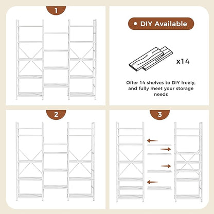 SUPERJARE Triple 5 Tier Bookshelf, Bookcase with 14 Open Display Shelves, Wide Book Shelf Book Case for Home & Office, White