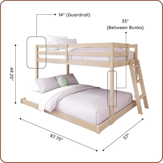 Grain & Grove Bear Twin Over Full Bunk Bed, Low Bunk Bed Frame for Kids, Bunk with Ladder, Guardrail and Slats, No Box Spring Required, Oak Embossed Natural