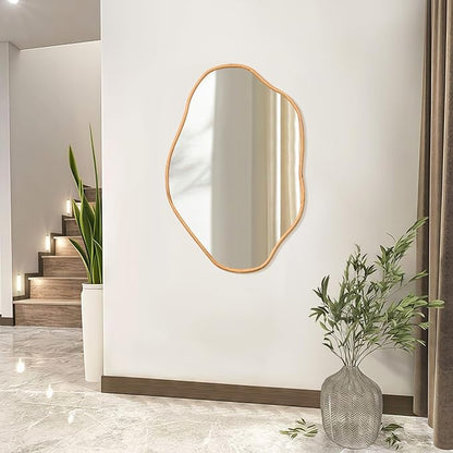 ULIKE Irregular Wall Mirror, 24x36 Inch Asymmetrical Wall Mirror with Solid Wood Frame, Mid-Century Modern Decor with Natural Wood, Vanity Mirrors for Bathroom Bedroom Living Room Entryway