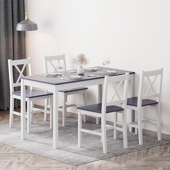 SogesPower Dining Table Set for 4, Wood Rectangular Kitchen Dining Table Set with 4 Chairs, 5-Piece Space-Saving Kitchen Table Set for Dining Room Small Space, Grey+White 43"