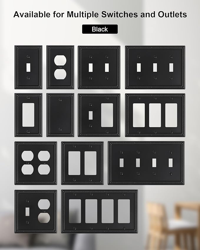 2-Pack Combo Toggle/Decorator Light Switch Cover Plate, Pearls Decorative Electrical Outlet Covers, Metal Wall Switch Plates and Outlet Covers, Black