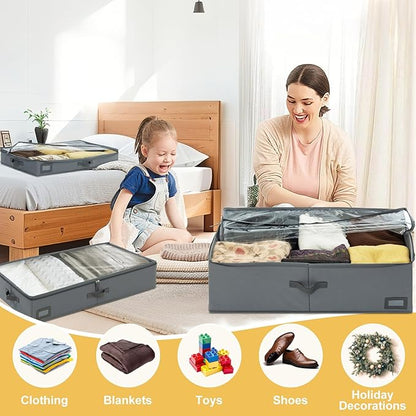 10-Inch Under Bed Storage Containers (3-Pack) | Sturdy Sidewalls | Clear Cover & Label Holder | Foldable Closet Organizer | Stores Clothing/Blankets/Wrapping Paper/Toys