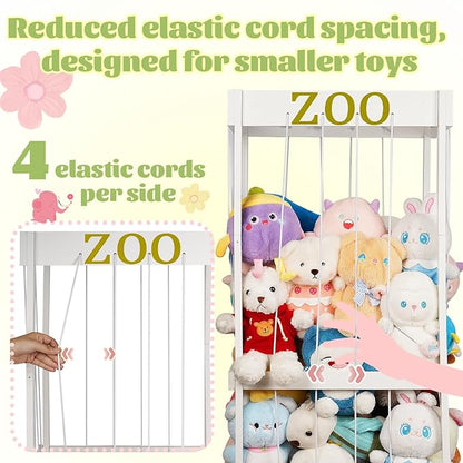 Trycooling Stuffed Animal Zoo Stuffed Animal Storage Wood Plushie Storage Stuffed Animals Zoo Storage Cage with Zoo Pattern Elastic Band for Nursery Play Room Bedroom (White)