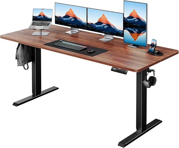 HUANUO 63" x 28" Electric Standing Desk Adjustable Height, 4 Memory Height Settings, Headphone Hook, Cable Manager, Sit Stand Up Desk for Home Office & Computer Workstation, Walnut
