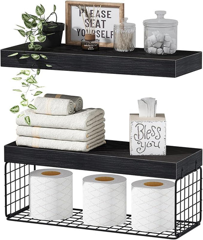 QEEIG Bathroom Shelves Over Toilet - Wall Mounted Floating Shelves Toilet Paper Storage Small Farmhouse Decor Shelf 16 inch Set of 2, Black (019-B2)