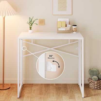 Small Folding Desk 35 inch, No Assembly Required Narrow Office Desk, Writing Gaming Computer Camping Table, White