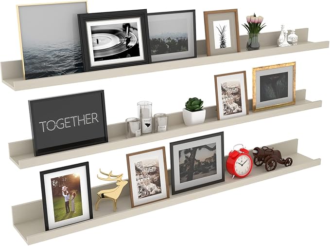 Giftgarden 47 Inch Floating Shelves for Wall Creamy White Beige Wood-Grain, Long Picture Ledge Large Wooden Photo Shelf for Living Room Bedroom Nursery Office, Set of 3 Different Sizes