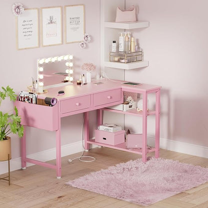 DLisiting Pink Reversible L Shaped Desk with Drawers and Shelves, Small Kids Study Vanity PC Computer Desk with Storage for Girls, Corner L-Shaped Desks for Small Space Bedroom