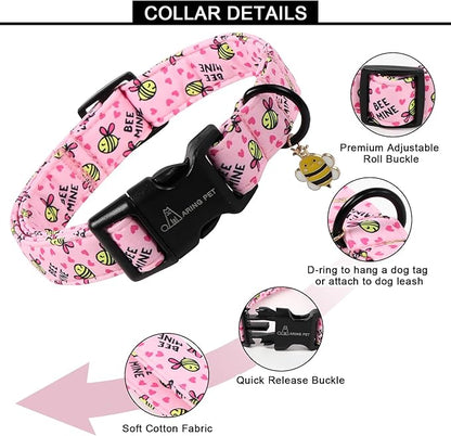 ARING PET Pink Dog Collar, Cute Yellow Bees Pet Collars for Puppy Small Medium Large Boy Girl Dogs-S