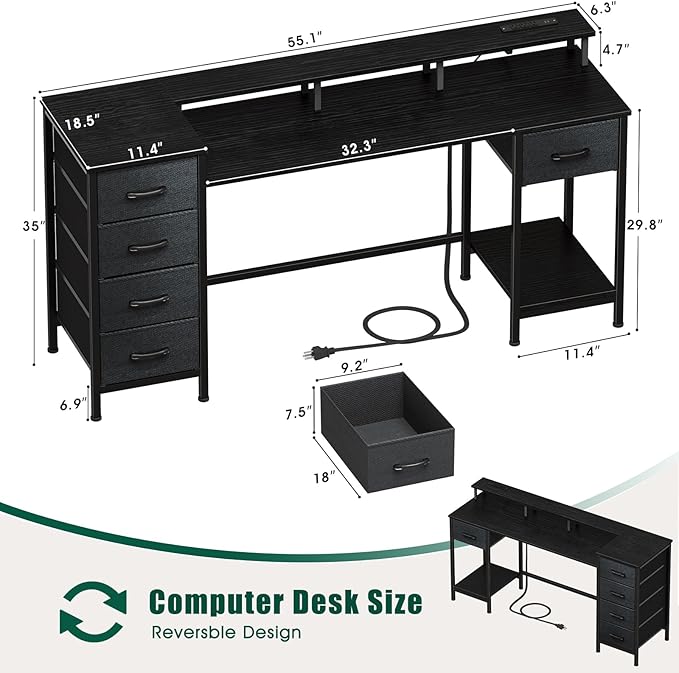 55 Inch Computer Gaming Desk with Power Outlets LED Lights, Reversible Home Office Desk with Adjustable Fabric Drawers for Working Writing Study, Black Oak