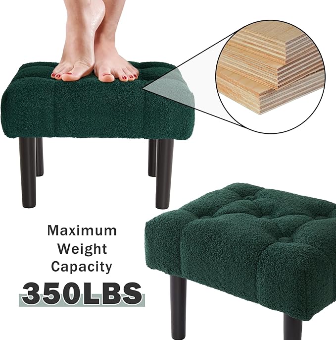 HOUCHICS Fur Padded Foot Stool, Small Ottoman Rest with Wooden Legs, Modern Rectangle Chair Rest for Living Room, Couch, Desk (Green)