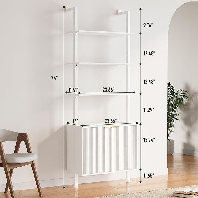 74" Tall Bookshelf with Storage Cabinet, Modern Ladder Shelf with Wood and Metal Frame, Wall Mount Bookcase Open Display Shelf Furniture for Living Room, Bedroom, Home Office, White