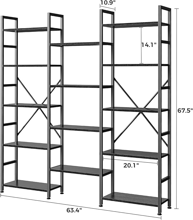 SUPERJARE Triple 5 Tier Bookshelf, Bookcase with 14 Open Display Shelves, Wide Book Shelf Book Case for Home & Office, Black