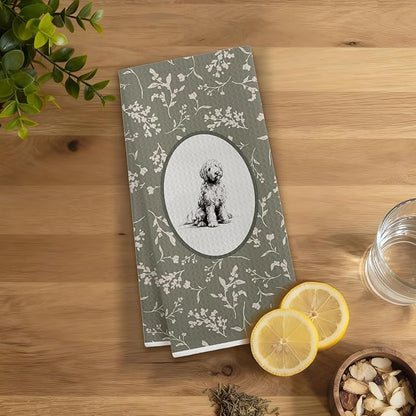 Sage Green Vintage Floral Goldendoodle Kitchen Dish Towels, Golden Doodle Gifts Women, Cottagecore Dog Decorative Hand Tea Towels for Bathroom Kitchen, 16x24 Inches