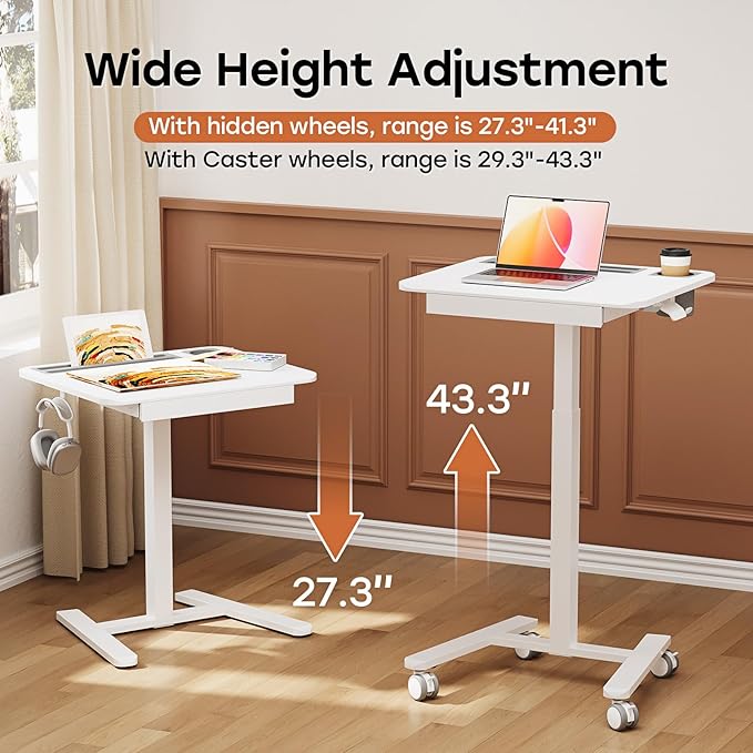 Mobile Small Standing Desk with Drawer, 23.6"x19.7" Rolling Laptop Cart on Wheels, Height Adjustable Sit Stand Computer Workstation with Storage for Compact Space, White