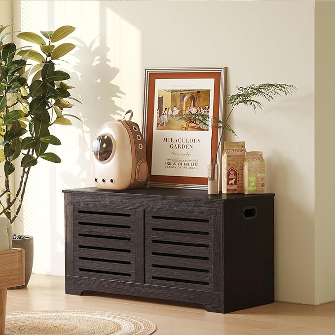 DINZI LVJ Storage Chest, Flip-Top Wooden Toy Box with 2 Safety Hinges, Retro Entryway Shoe Bench, Sturdy Large Storage Trunk for Living Room, Bedroom, Toddler Room, Easy Assembly, Espresso