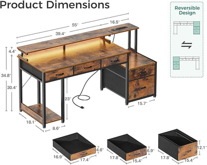 AODK 55 Inch Computer Desk with 3 Drawers and File Cabinet for Storage, Office Desk with Monitor Stand and LED Lights, Home Office Desks, Vintage