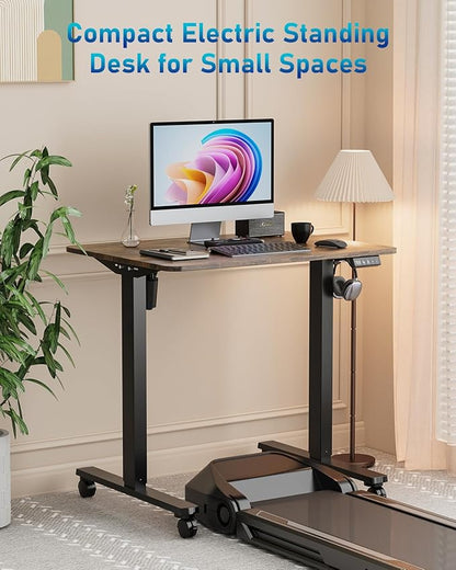 Small Height Adjustable Electric Standing Desk, 31.5" x 23.6" Sit Stand up Desk with Splice Board, Ergonomic Rising Computer Home Office Desk Table with Memory Preset, Black Frame/Rustic Brown Top